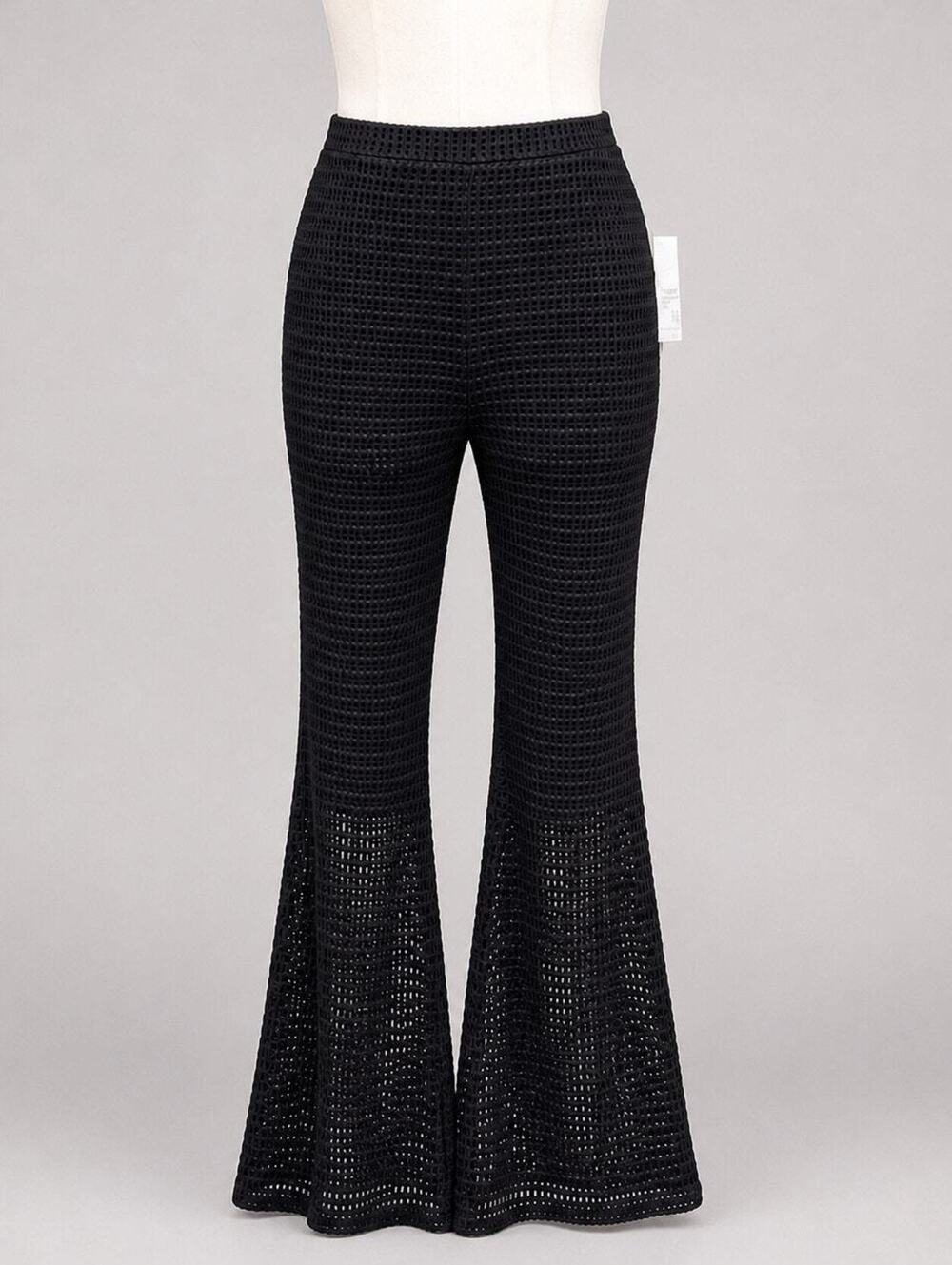 NWT Le Lis Black Crochet Knit Flare Pants Small High Rise Boho Wide Leg